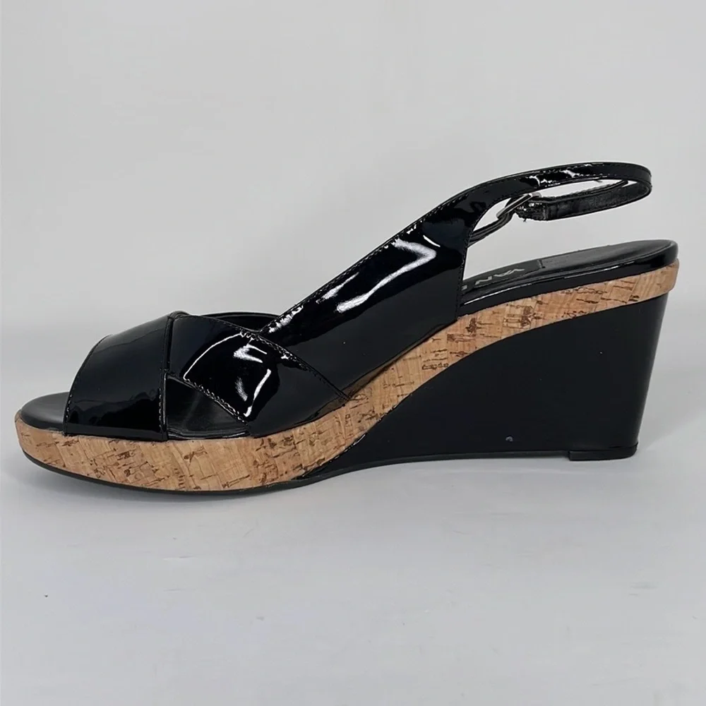 VAN ELI Wedge Heel Sandals Sling Back Open Toe Black Patent Leather Cork 9.5